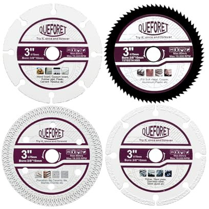 QUEFORET Dischi da Taglio 75mm 4 Pezzi - Disco in Carburo per Legno, Disco HSS per metallo, Disco Diamantato per Piastrelle, Disco Diamantato per Acciaio, con Albero da 10mm