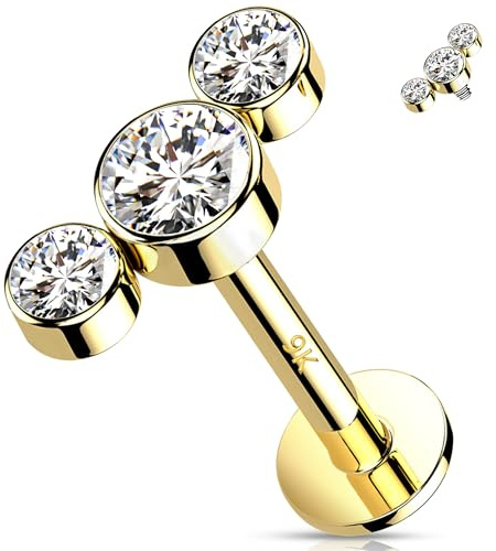 Melighting Helix Earring 14 K Solid Gold Curved Cartilage Earring Internally Threaded Flat Back Earring 16G Conch Stud CZ Tragus Piercing Schmuck