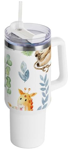 ZRWLUCKY Wasserfarben-Tiere, vakuumisolierter Becher mit Deckel und Strohhalm, wiederverwendbar, mit Deckel, für Wasser, Eistee oder Kaffee