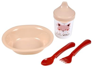 Bébé Douceur, Set Repas 4 pièces avec Assiette + Couverts + Tasse Plastique Foret