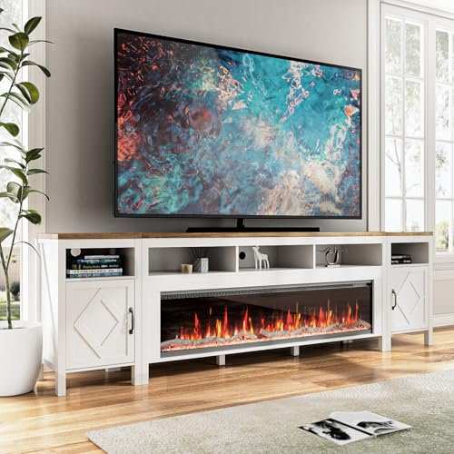BVIUNTWO Fireplace TV Stand for TVs Up to 110 Inch,Modern Entertainment Center with 60 Electric Fireplace,White TV Console with Storage Cabinets for Living Room,Bedroom