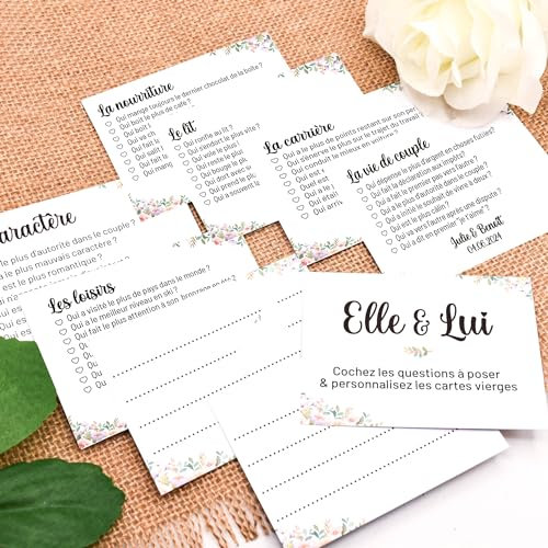 Cartes questions jeu de mariage Elle et Lui personnalisé, mariage champêtre, floral multicolor, elle & lui, questions, animation, fête, cérémonie