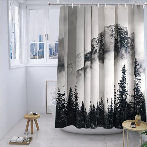 YISURE Rideau de Douche 200 x 220 cm, Motif de forêt Paysage Naturel Montagne forêt de Nuages pour Baignoire en Textile, Lavable avec 12 œillets en métal, Largeur 200 x Hauteur 220