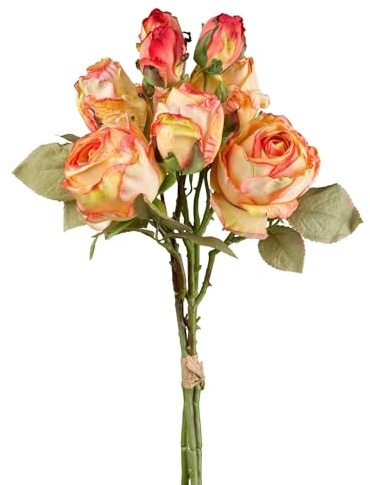 CREATIV green künstlicher Vintage-Rosenbund in orange I dekoraktiver Rosenstrauß I künstliche Rosen gelb-weiß I Rosen für Hochzeit & als Deko I hochwertige & dekorativer Strauß