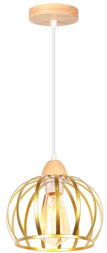 iDEGU Industrie Pendelleuchte, 1-flammig Vintage Hängelampe aus Holz und Eisen Käfig Design 20cm Lampenschirm E27 Hängeleuchte für Schlafzimmer Wohnzimmer Küche Esstisch Flur Restaurant (Gold)