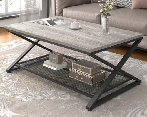 LVB 2 Tier Coffee Table, Industrial Wood Metal Center Living Room Table with Storage Shelf, Farmhouse Low Rectangle Cocktail Tea Table for Home Office Bedroom,39 inch Grey Oak Coffee Table