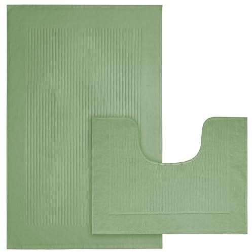 Olivia Rocco Monaco 2 Piece Bath Mat & Pedestal Set, Super Soft Cotton Non Slip Bathroom Set Water Absorbent Bathmats for Bathroom Floor Quick Dry Bath Rug Foot Mat, Sage Green