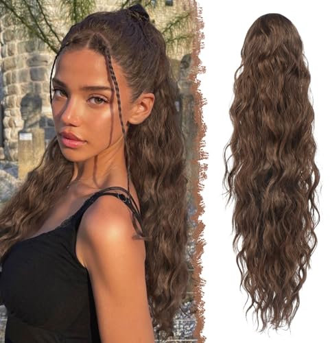 FESHFEN Lange Zopf Pferdeschwanz Haarextension mit kordelzug Lang Wellig Lockig Braun Synthetik Haarverlängerung Natürliches Clip in Haarteil Ponytail Kunsthaar Haarzopf für Damen 65cm