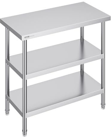 VEVOR Mesa de Preparación de Alimentos 457x914x864 mm Mesa de Trabajo de Cocina Comercial de Acero Inoxidable con 2 Estantes Inferiores Ajustables Mesa de Preparación para Parrilla, Cocina, Hogar