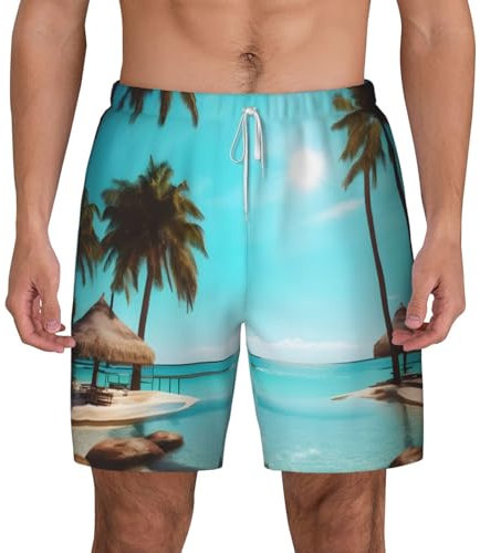 YQxwJL Short de bain décontracté pour homme avec doublure de compression, motif palmiers et mer transparente, séchage rapide, blanc, XX-Large