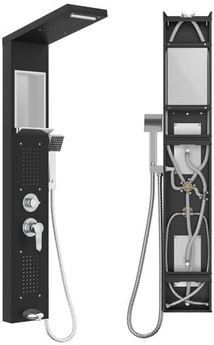 NAIZY Duschpaneel mit Armatur, 5 in 1 Duschsystem mit Eingebautes Regal Multifunktional Dusche Set inkl. Handbrause Massagedusche Wasserfalldusche Regendusche Armatur, 304 Edelstahl Duschset (Schwarz)