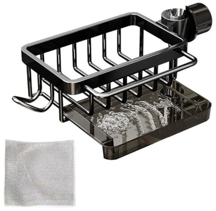 Hedywei Sponge Holder for Kitchen Sink, Faucet Storage Rack Organizer, Aluminum Sink Caddy Over Faucet with Drip Tray