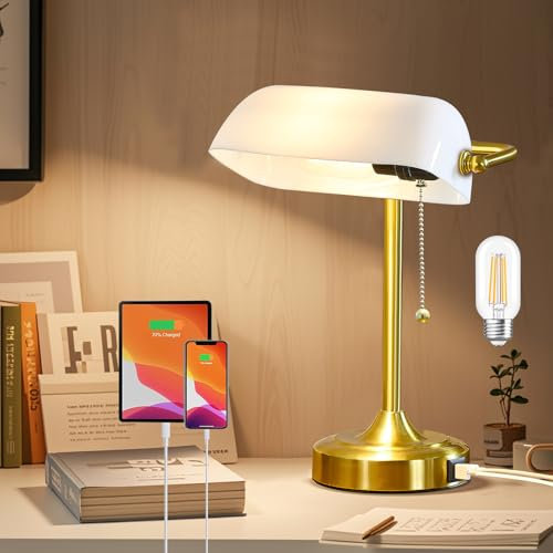 GyroVu Lámpara de Escritorio Bankers Lámpara de Mesa Vintage con Puertos de Carga USB y Tipo C Lámpara de Biblioteca Interruptor de Cadena de Tracción para Oficina en Casa Mesilla de Noche Dormitorio
