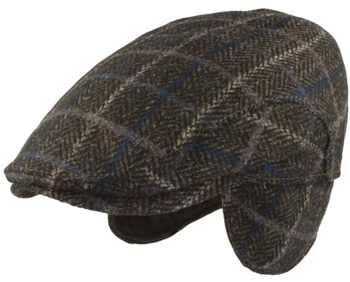Breiter Herren Winter Schiebermütze mit Ohrenklappen Flatcap Schirmmütze 100% Wolle mit ausklappbarem Ohrenschutz Mütze 65