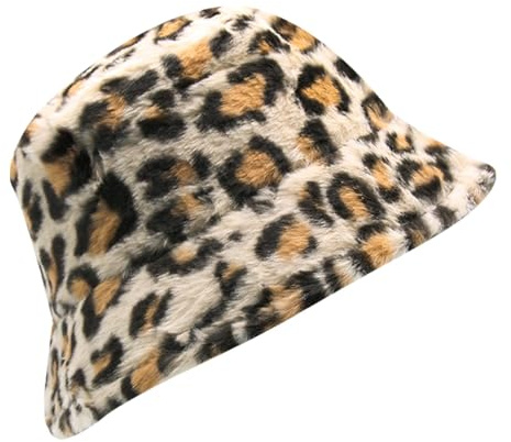 A2Z Ladies Winter Bucket Hats Faux Fur Leopard Print Fisherman Hat Warm Fluffy Soft Plush Lightweight One Size Cozy for Women Cold Weather Wear