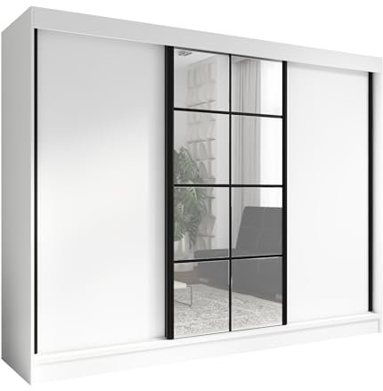 A&J MöbelLand Schwebetürenschrank ORAVELLE Kleiderschrank 3-türig mit Schubladen, und Spiegel, Garderobe 200 cm (Weiß)