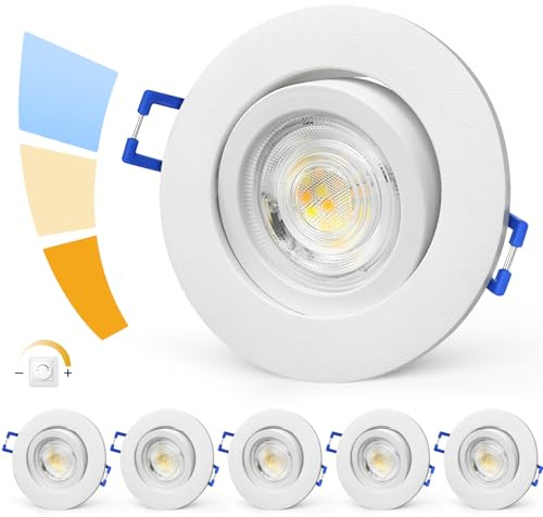 LED Einbaustrahler 230V Dimmbar: 3CCT 5W IP44 Matt Aluminium Ultra Flach Einbauleuchten mit Abnehmbar LED Modul, 45°Schwenkbar Einbauspots, Warmweiß Naturweiß Kaltweiß Deckenspots, Weiß, 6er Set