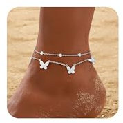 RLMOON Bracelet de Cheville Femme Argent 14 Carats Plaqué Or Chaine de Cheville Reglable Étanche en Oxyde de Zirconium Multistrat Papillon Pois Tendance Été Bijoux pour Femmes Filles