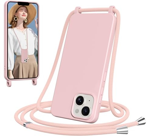 Yxnvixn Crossbody Lanyard Case for iPhone 13/14, Liquid Silicone Shockproof Protective Mobile Phone Cover with Strap Adjustable Neck Cord Necklace TPU Soft Shell for iPhone 13, Sand Pink