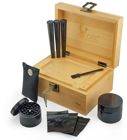 LORE Geschenkset Bambus-Box Aufbewahrungsbox mit abnehmbarem Tablett | Mit Zubehör, Abschließbar