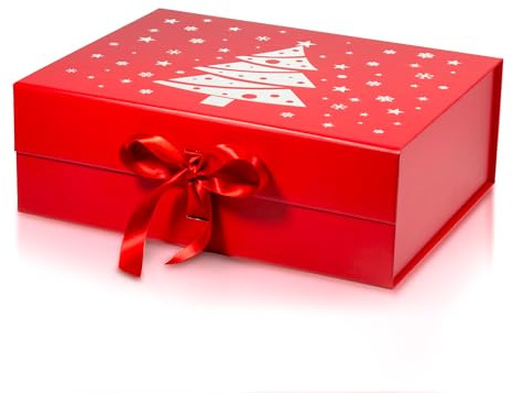 Premium Christmas Magnetic Gift Box – Luxury Red Xmas Hamper Box with Gold Foil Xmas Tree Design & Red Ribbon (23.5 × 17 × 10 cm) Strong Magnetic Lid Reusable Gift Box for Presents & Stocking Fillers