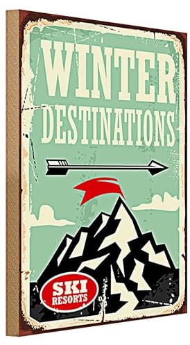 Retro Holzschild 'Winter Destinations | Ski Resorts' – Vintage Dekoration für Skihütten und Winterliebhaber | 30 cm x 40 cm