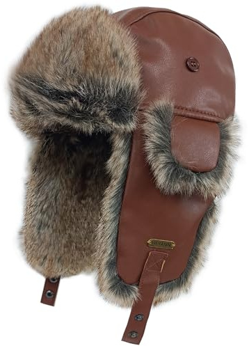 HEYANN Rysk pilotmössa för män och kvinnor, konstgjort fårskinn vinter trapper mössa Ushanka varm med öronlappar unisex, Brun -SSM, XL