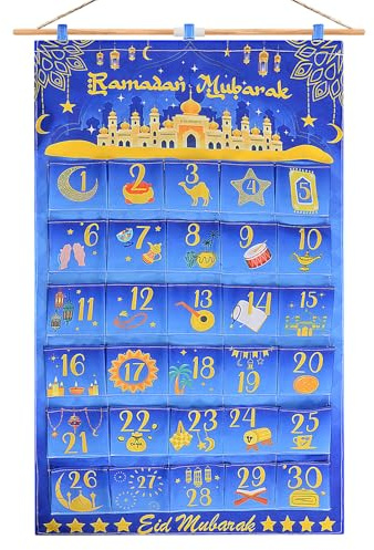 Ramadan Kalender,Wiederverwendbar Ramadan Adventskalender Aufhängen, Stoffbeutel Eid Mubarak Ramadan Mubarak Deko mit 30 Tasche 10x10cm