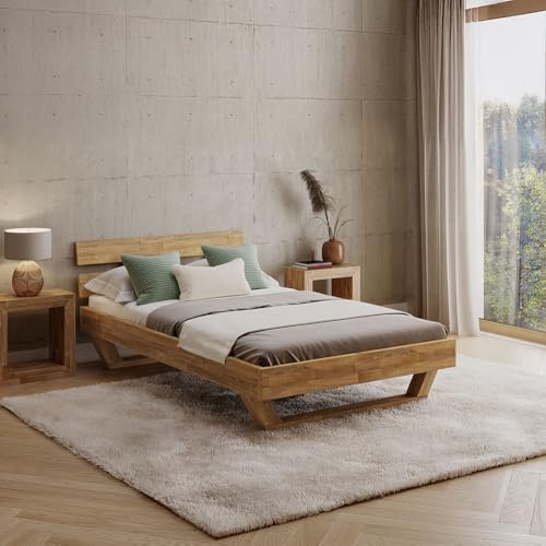 skølm Nornir Massivholzbett 120x200 cm, Bett mit Kopfteil, Massivholz Eiche | Bettrahmen mit 2 Streben & Kufen Bettbeine, aus Massivholz, Holzbett hochwertig, Bettgestell geölt, geeignet als Doppelbett