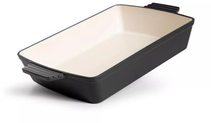 Everypan Eclat Enamelled Cast Iron Rectangular Roasting Dish – Oven-Safe Heavy-Duty Roaster for Meat, Vegetables & Casseroles All Heat Sources Compatible (Black Dish 2L)