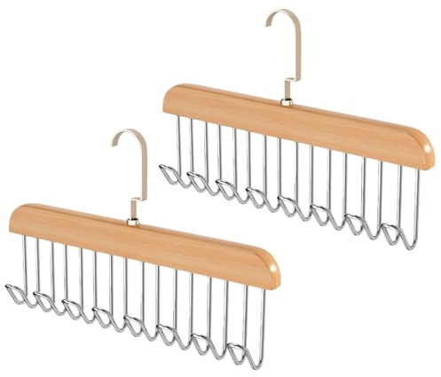Portacinture per armadio, 2 pezzi Appendiabiti in legno Portacravatte con 8 ganci Appendiabiti girevole a 360 gradi per sciarpe, cravatte, cinture, bretelle, organizer per armadio (colore legno)