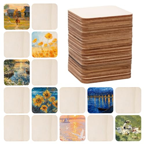 Rebanky 100 Pezzi Tessere di Legno Quadrate, Quadrati Legno Grezzo 8 cm Dischi Quadrati Spessi 2,5 mm Fette Quadrate con Angoli Arrotondati per Incisione, Verniciatura e Decorazione