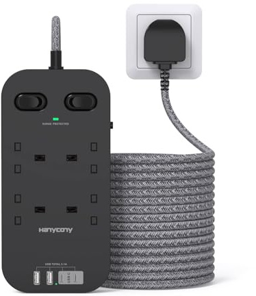 Black Extension Lead 3M, 4 Way Plug Extension with 4 USB Slots(2 USB C) | Surge Protected Power Strip with Double Control Switches, 3250W/13A Long Extension Cable, Wall Mountable for Kitchen Office