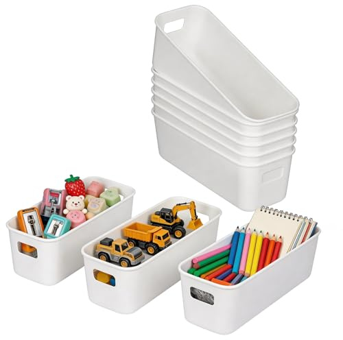 10 Pack Narrow Storage Baskets with Handles, Small Plastic Storage Boxes for Kitchen Cupboard, Bathroom Shelf Organiser Bins, Long White Storage Containers for Drawers Organiser Divider (28×10×9.5cm)