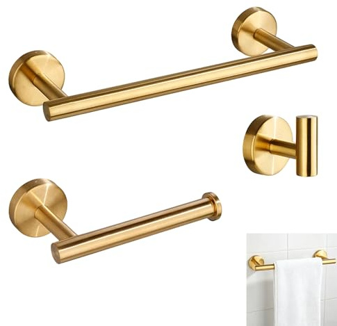 Bathroom Hardware Set: Toilet Paper Holder, Gold Towel Rail, Towel Hook | Brushed Brass Toilet Roll Holder, Stainless Steel, Wall Mounted Bath Hardware Accessory Set
