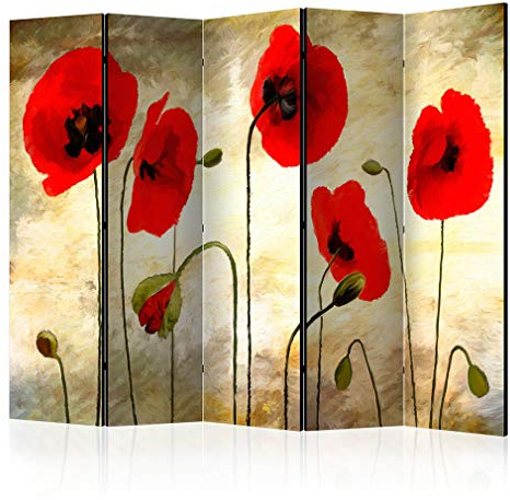 decomonkey Paravent Raumteiler Innen Mohnblumen, 225x172 cm, 5-teilig | Einseitig, Wohnzimmer, Room Divider, Wall, Raumteiler Stehend, Trennwand, Sichtschutz, Spanische Wand, Sichtschutzwand, Holz