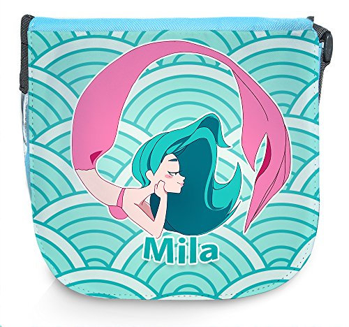 Umhängetasche für Kinder mit Namen Mila und schönem Motiv mit Meerjungfrau, türkis | Schultertasche für Mädchen