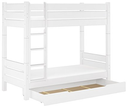 Erst-Holz®Hochbett Kiefer weiß 90x200 Etagenbett stabil teilbar Rollrost Bettkasten 60.16-09WT100MS1