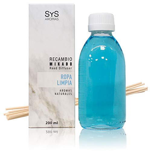 SYS Aromas Ambientador Recambio Mikado Ropa Limpia - Notas Frescas y Limpias - Recarga para Difusor con Varillas - Larga Duración - Ideal para Hogar, Oficina, Baño - 200 ml con 8 Varillas