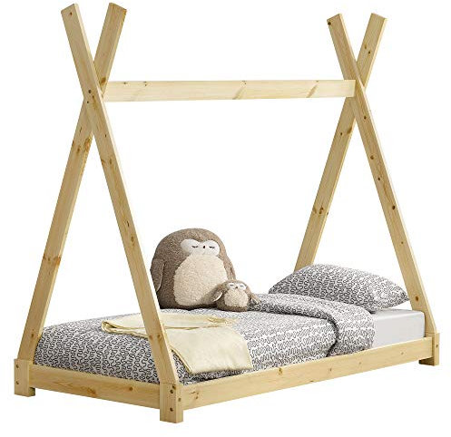 [en.casa] Kinderbett Onejda in Tipi-Design Bodenbett Jugendbett aus Kiefernholz Natur Holz 80 x 160 cm