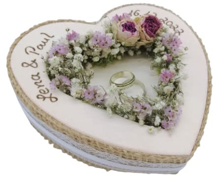 Hochzeit Ringkissen Ringhalter Herz Mille Fleurs Jute Spitze Holzherz für Eheringe mit Namen