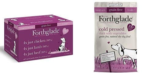 Forthglade 100% Natural Grain Free Complementary Wet Dog Food Just 90% Meat, Variety Pack, 395 g (12 Pack) + Cold Pressed Dry Dog Food with Duck and Vegetables (6kg Bag)