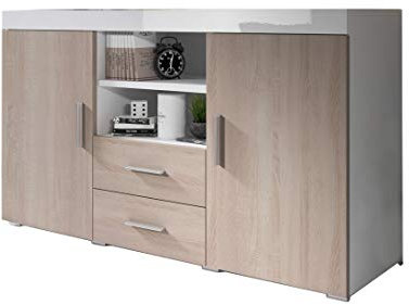 MB Muebles Bonitos, Aparador Roque para Salón Comedor Moderno, Mueble TV de Melamina, Blanco Brillo y Sonoma Mate, 140x80x40 cm