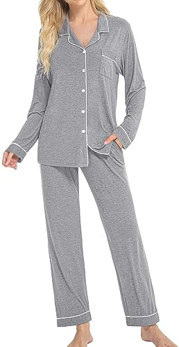 SWOMOG Pyjamas Set Long Sleeve Sleepwear Womens Button Down Nightwear Soft Lounge Sets Pjs for Women Sets S-XXL Grey
