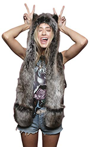 Ixkbiced 3 In 1 Women Men Fluffy Plush Animal Wolf Leopard Hood Scarf Hat with Paws Mittens Gloves Thicken Winter Warm Earflap Bomber Cap