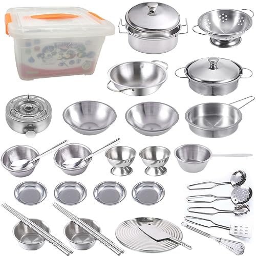 GOLCUGYJH Kitchen Pretend Play Accessories - Mini Stainless Steel Cookware Set with Portable Storage Box, Cooking Utensils, Pots and Pans, Role Play Educational Toys for Kids Toddlers Boys Girls
