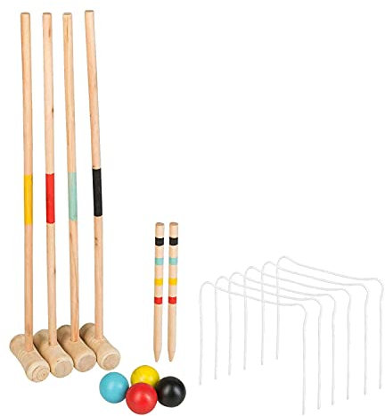 Idena 40183 - Krocketspiel aus Holz mit Schlägern, Bällen, Metalltoren und Zielmarkierungsstäben, im praktischen Tragenetz, unterhaltsames Freizeitspiel für den Garten und Park