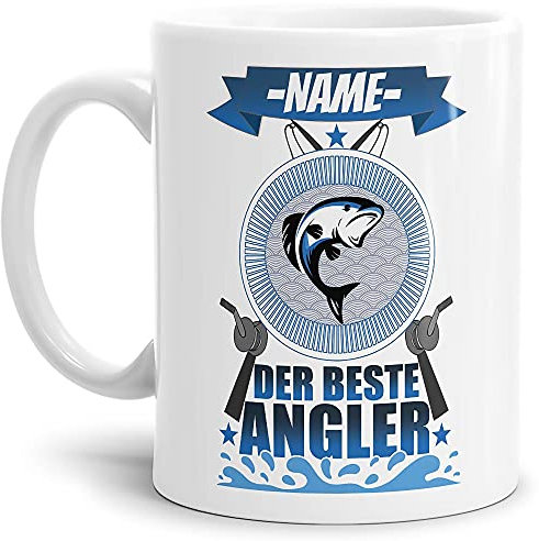 Tasse mit Spruch - Der Beste Angler - personalisierbar mit Wunschname - Geschenk für Angler - Keramiktasse in Weiß, 300 ml