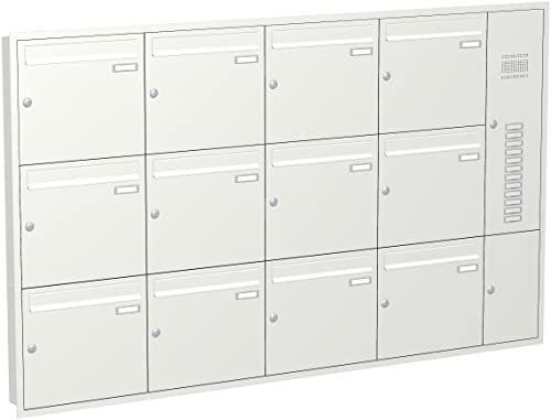 Briefkastenanlage Unterputz mit eckiger Verkleidung und Klingeln Modell U3 Farbe RAL 9016 Verkehrsweiß, Größe mit 12 Briefkästen