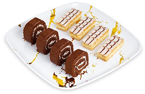 STACKABLES Paquete de 4 bandejas para servir ~ Bandeja cuadrada multiuso de 12 pulgadas ~ Bandejas de plástico reutilizables blanco y dorado para bodas, bufés y fiestas de cumpleaños